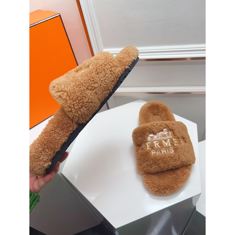 Hermès Logo Embroidered Fur Slippers Brown