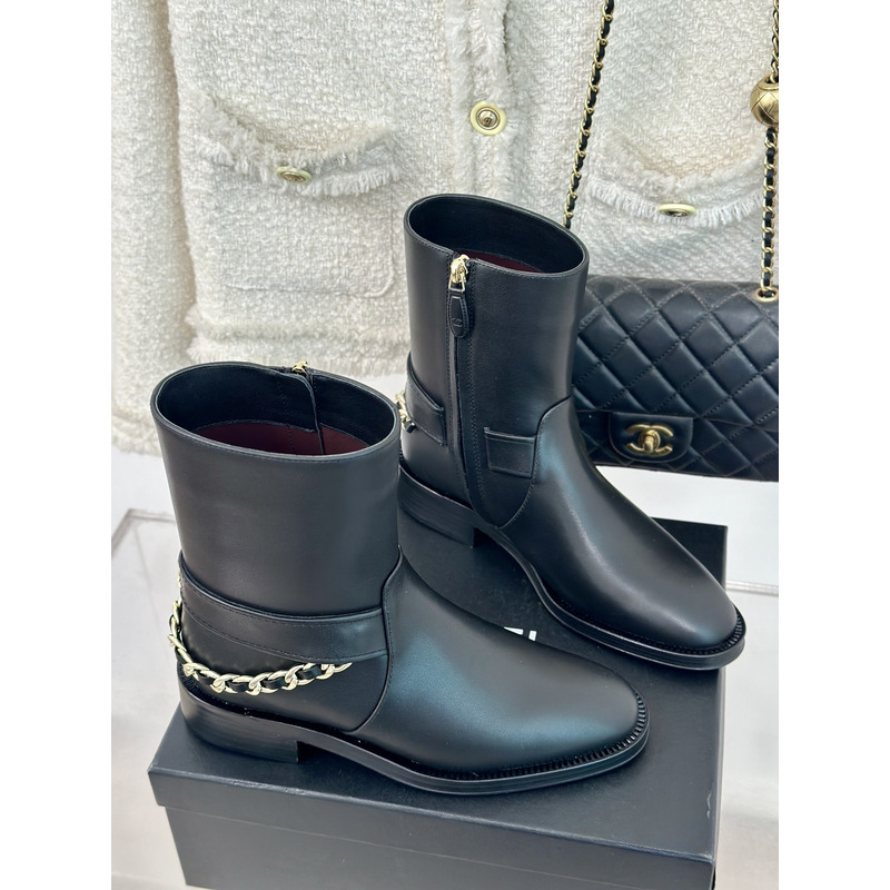 Ch*el cc logo calfskin chain ankle boots in black