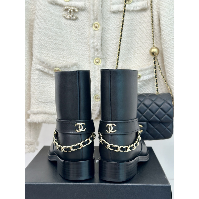 Ch*el cc logo calfskin chain ankle boots in black