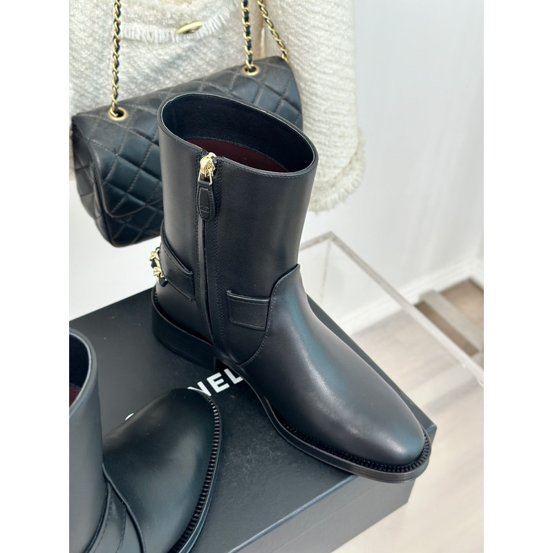 Ch*el cc logo calfskin chain ankle boots in black