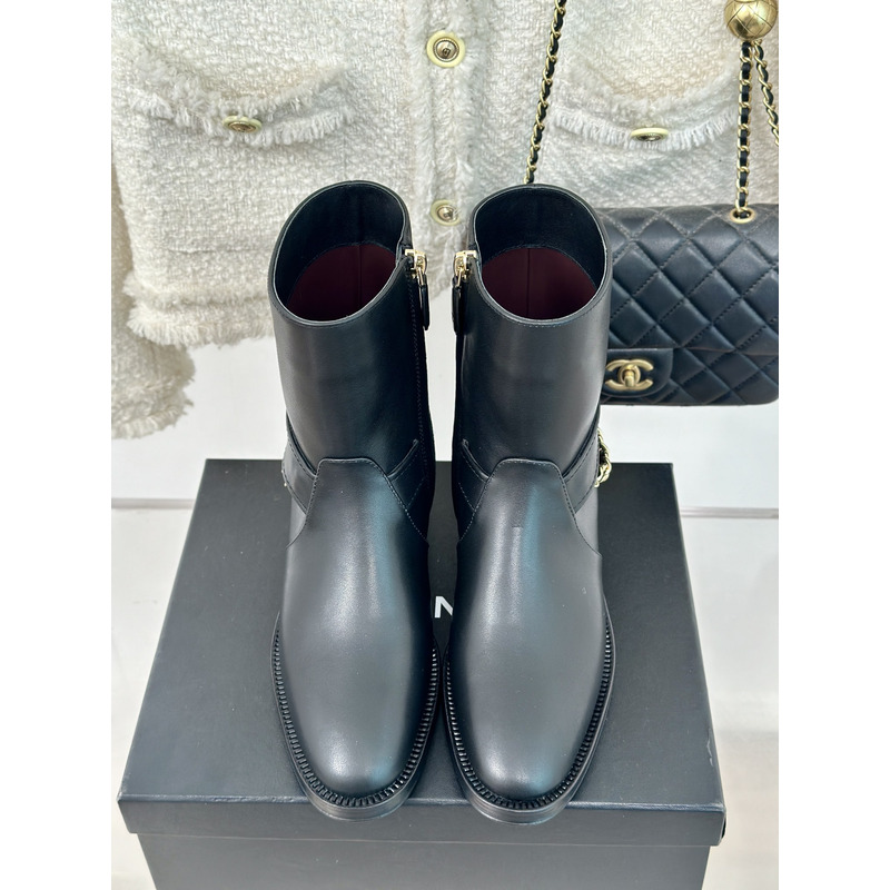 Ch*el cc logo calfskin chain ankle boots in black