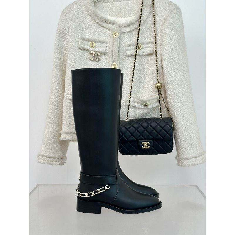 Ch*el cc logo calfskin chain high boot in black