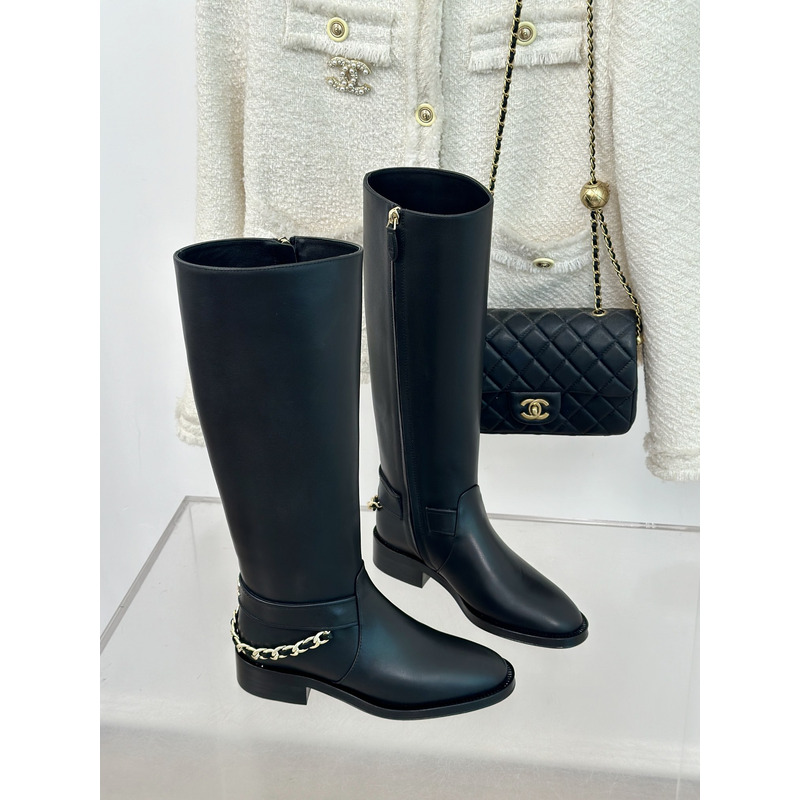 Ch*el cc logo calfskin chain high boot in black