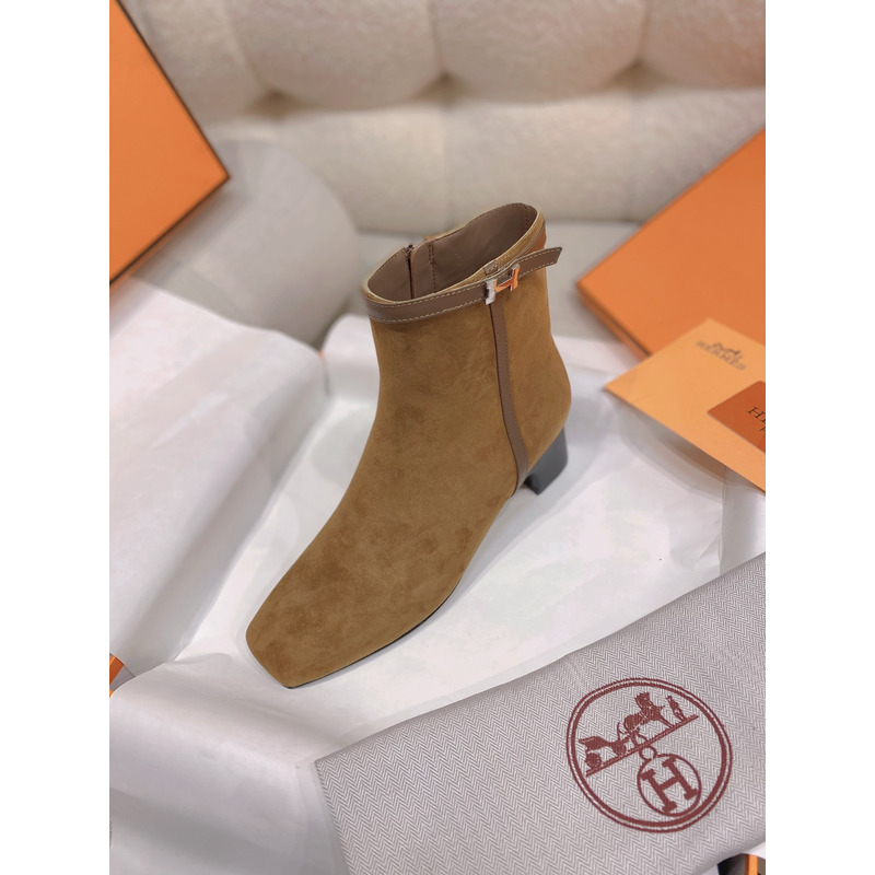 Hermès Suede Calfskin Ankle Boot In Khaki