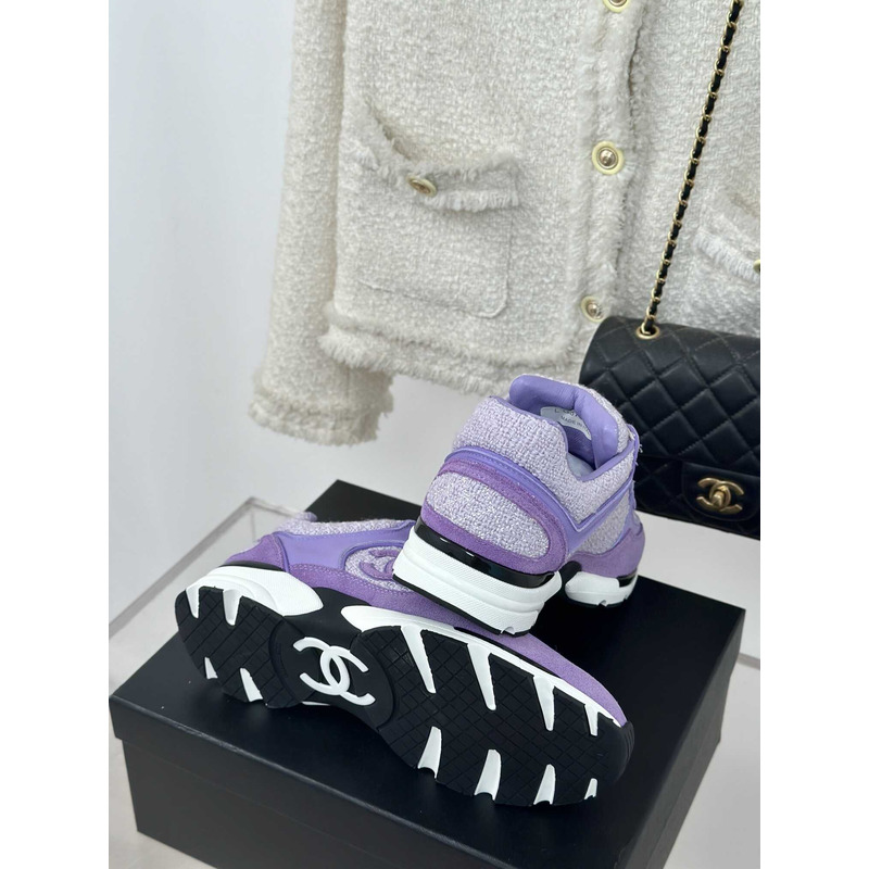 Ch*el iridescent wool tweed calfskin & suede calfskin sneaker lilac & purple