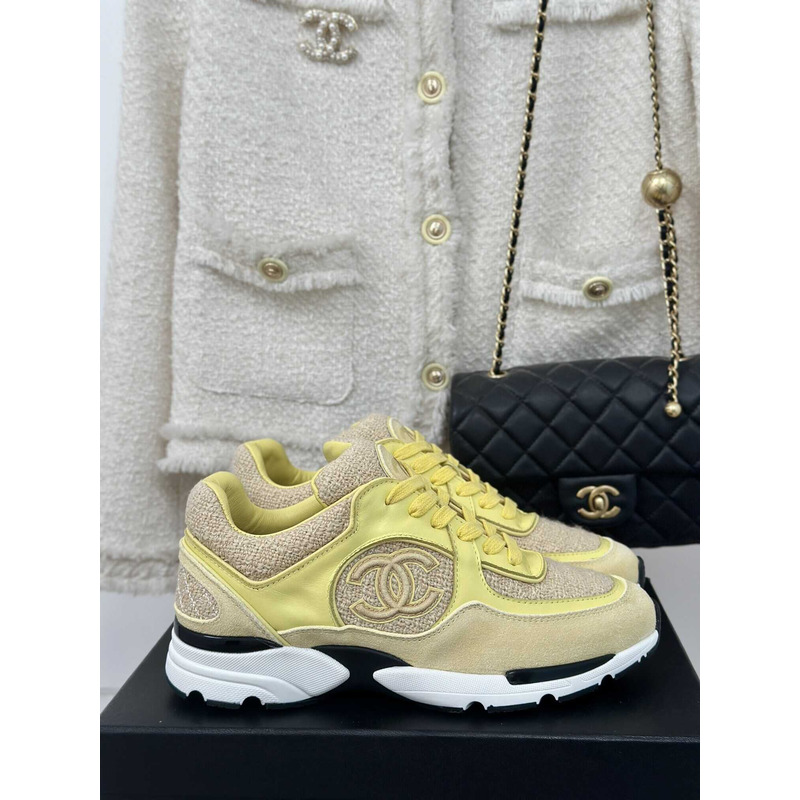 Ch*el wool tweed calfskin & suede calfskin sneaker light yellow & yellow