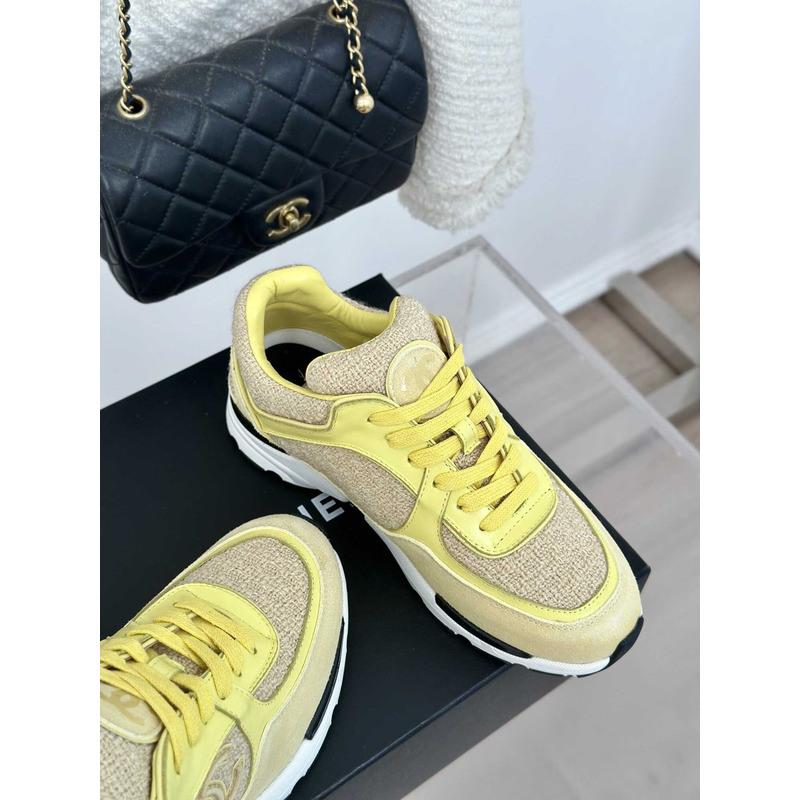 Ch*el wool tweed calfskin & suede calfskin sneaker light yellow & yellow