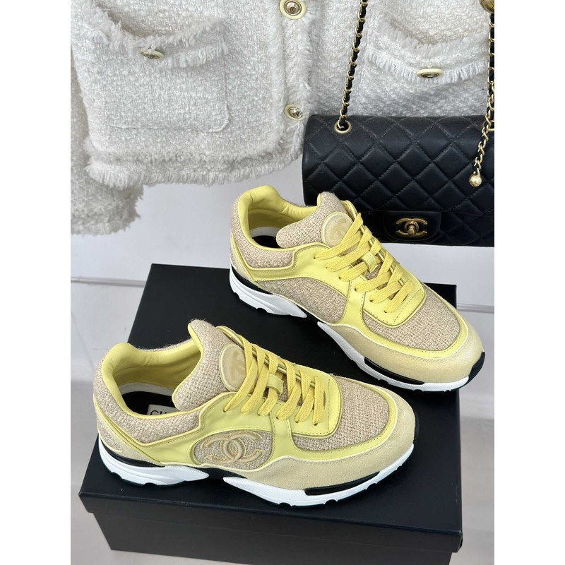 Ch*el wool tweed calfskin & suede calfskin sneaker light yellow & yellow