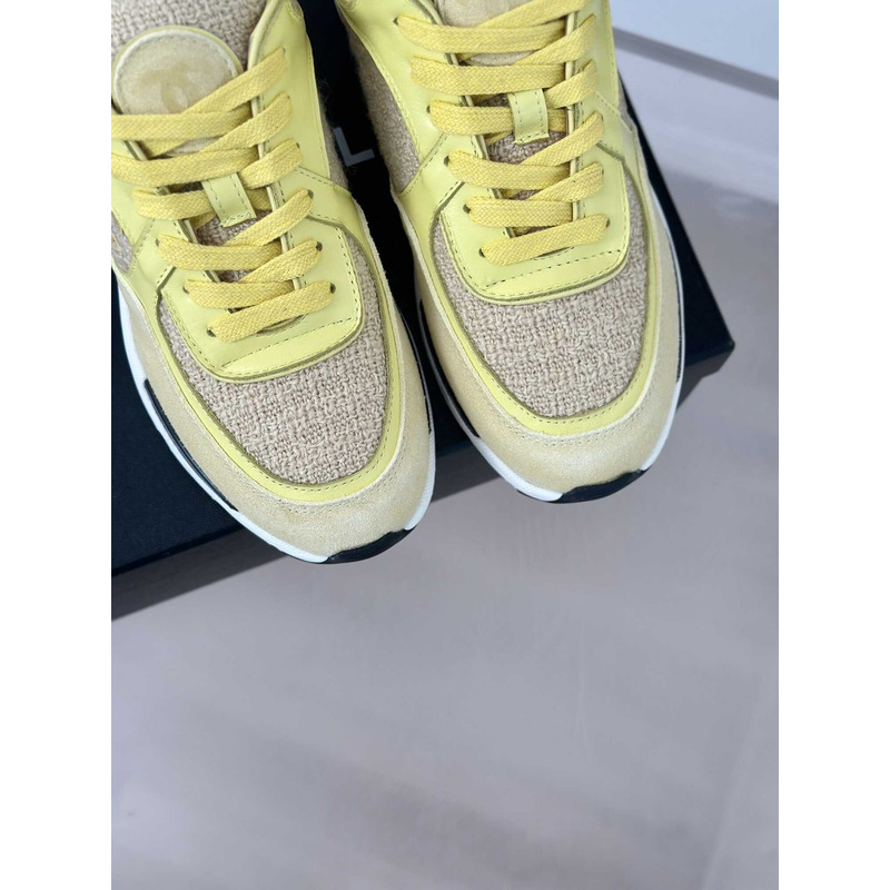 Ch*el wool tweed calfskin & suede calfskin sneaker light yellow & yellow