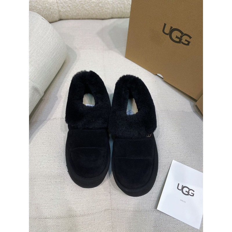 UGG Slippers Women Sheepskin Wool Collar Ankle Platform Black