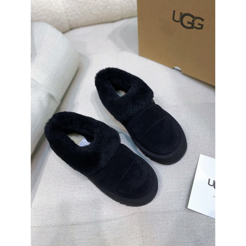 UGG Slippers Women Sheepskin Wool Collar Ankle Platform Black