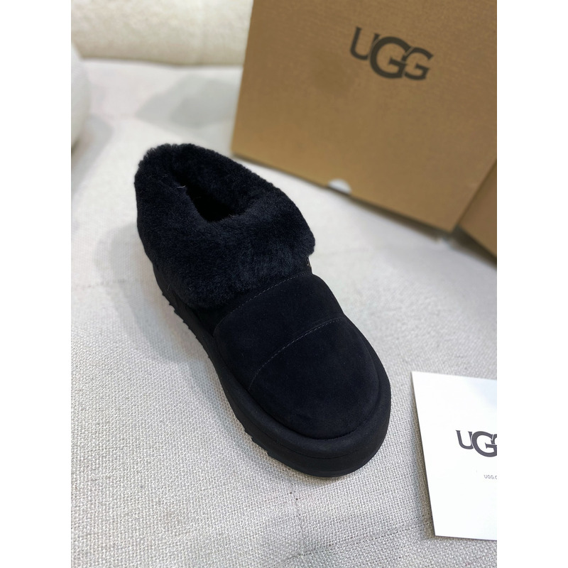 UGG Slippers Women Sheepskin Wool Collar Ankle Platform Black