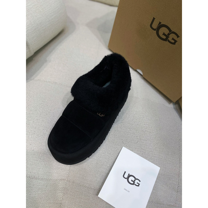 UGG Slippers Women Sheepskin Wool Collar Ankle Platform Black