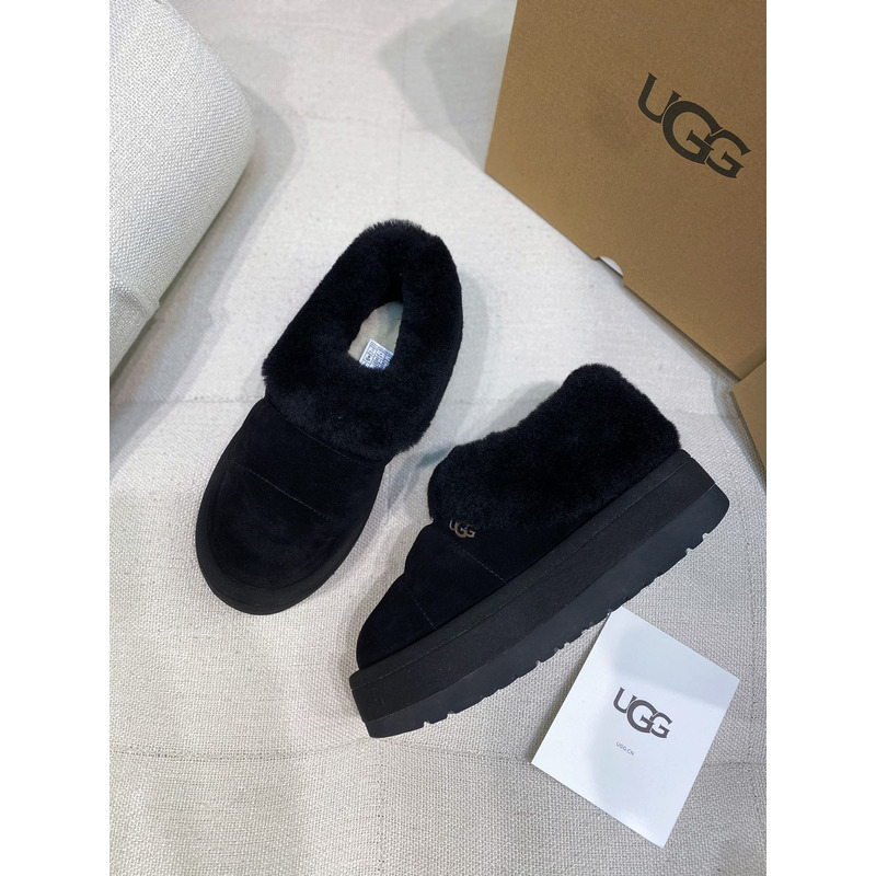 UGG Slippers Women Sheepskin Wool Collar Ankle Platform Black