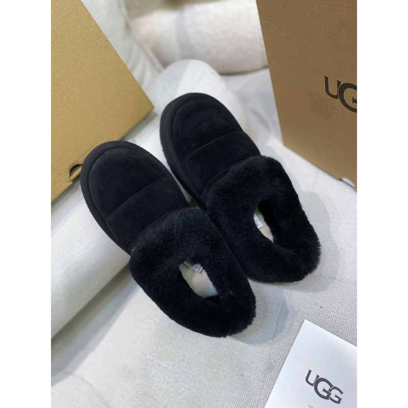 UGG Slippers Women Sheepskin Wool Collar Ankle Platform Black