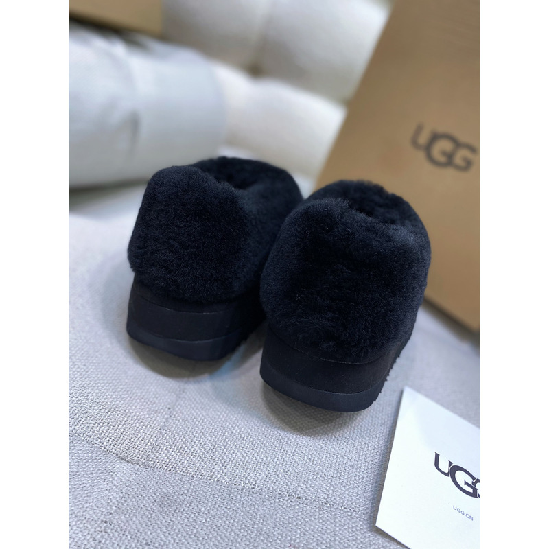 UGG Slippers Women Sheepskin Wool Collar Ankle Platform Black