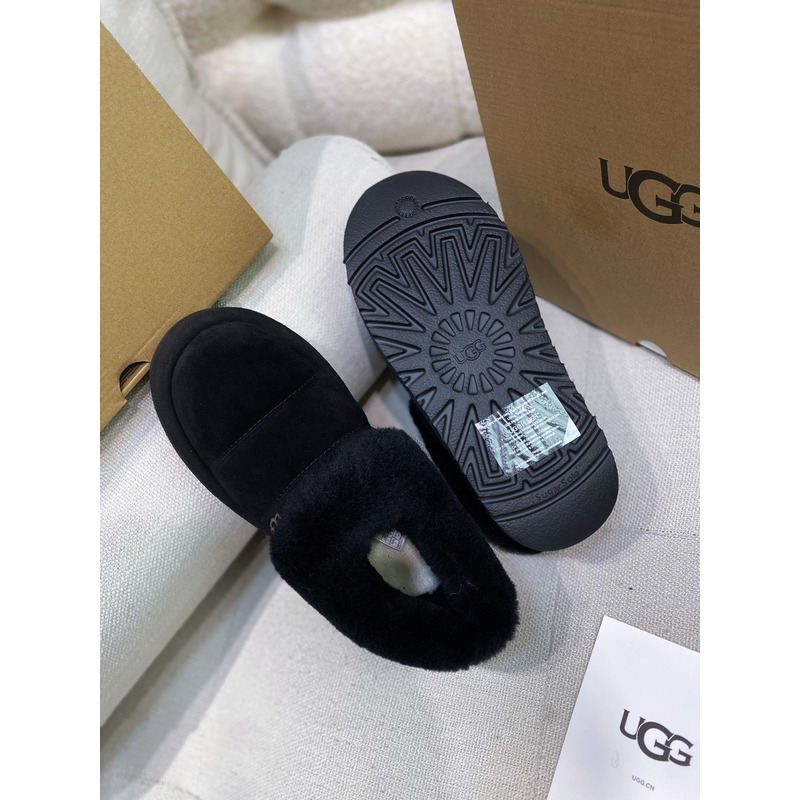 UGG Slippers Women Sheepskin Wool Collar Ankle Platform Black