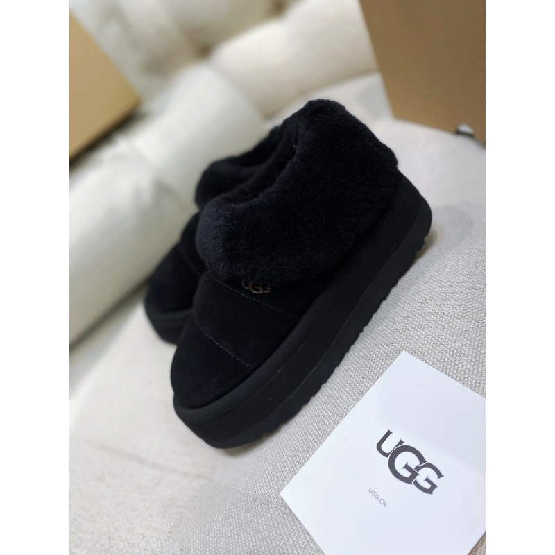 UGG Slippers Women Sheepskin Wool Collar Ankle Platform Black