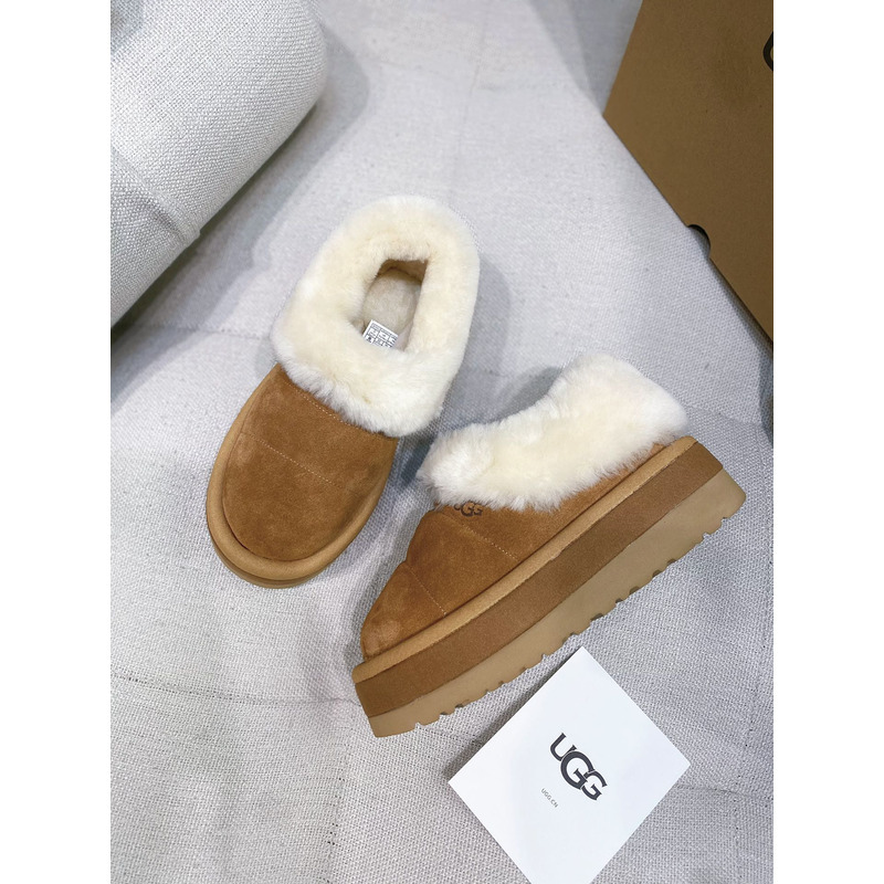 UGG Slippers Women Sheepskin Wool Collar Ankle Platform Chestnut