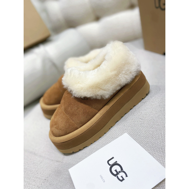 UGG Slippers Women Sheepskin Wool Collar Ankle Platform Chestnut