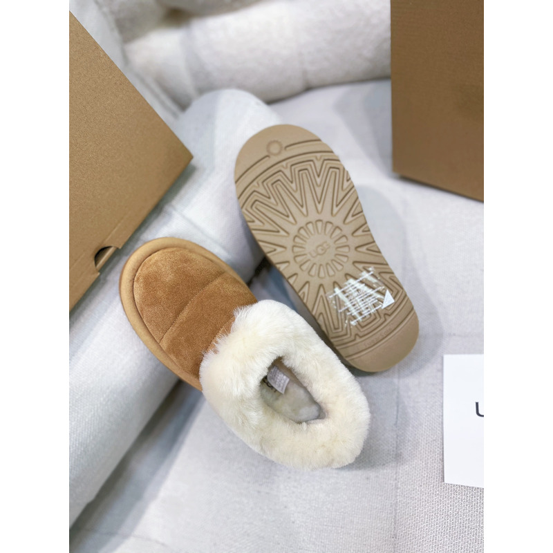 UGG Slippers Women Sheepskin Wool Collar Ankle Platform Chestnut