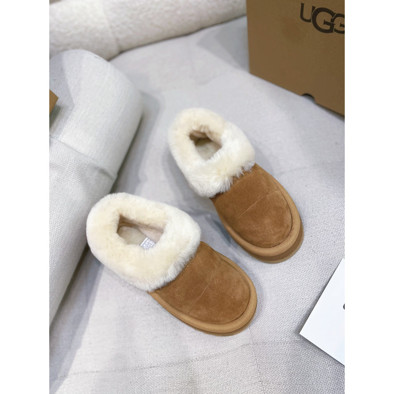 UGG Slippers Women Sheepskin Wool Collar Ankle Platform Chestnut