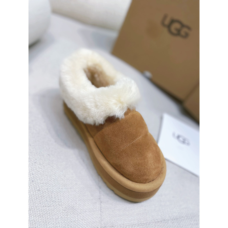 UGG Slippers Women Sheepskin Wool Collar Ankle Platform Chestnut