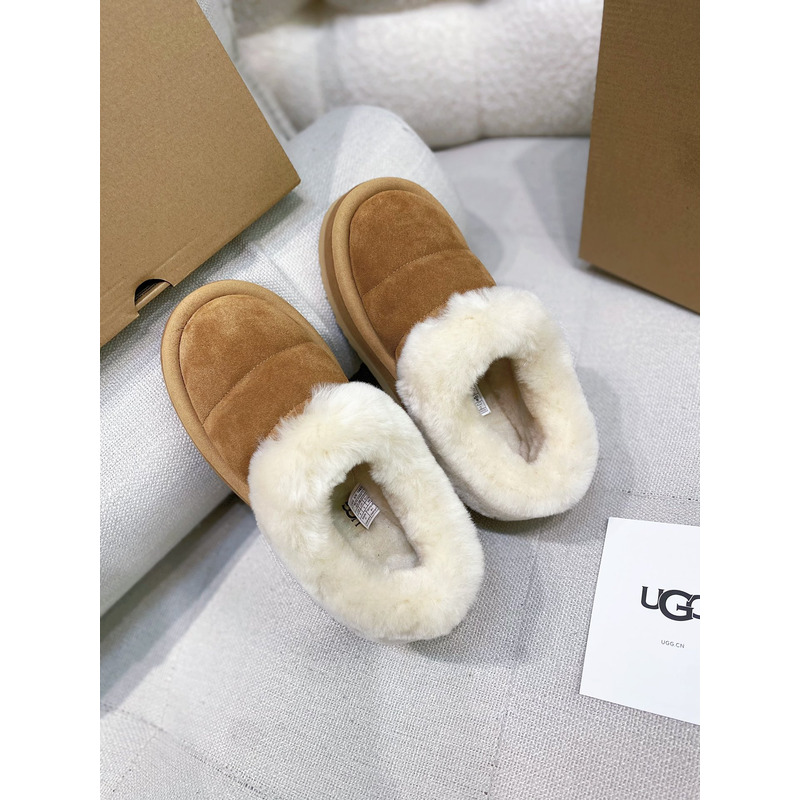 UGG Slippers Women Sheepskin Wool Collar Ankle Platform Chestnut