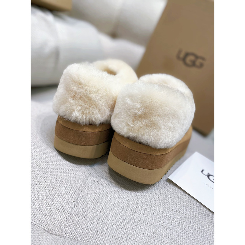 UGG Slippers Women Sheepskin Wool Collar Ankle Platform Chestnut