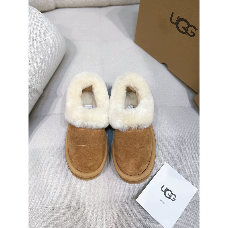 UGG Slippers Women Sheepskin Wool Collar Ankle Platform Chestnut