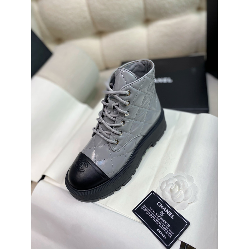 Ch*el quilted calfskin and lambskin boots grey&black