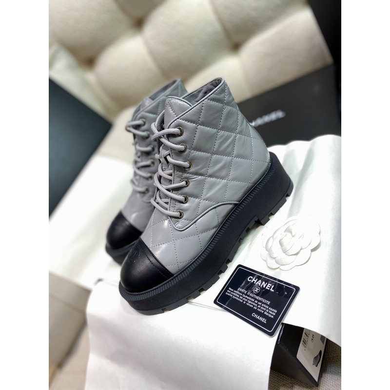 Ch*el quilted calfskin and lambskin boots grey&black