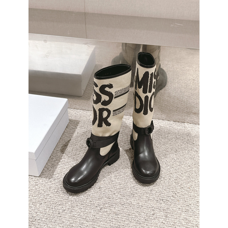 D*or d-major boot warm taupe technical canvas with black miss D*or graffiti print and black calfskin