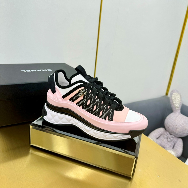 Ch*el sneakers silk cowhide & tarps pink&black&white