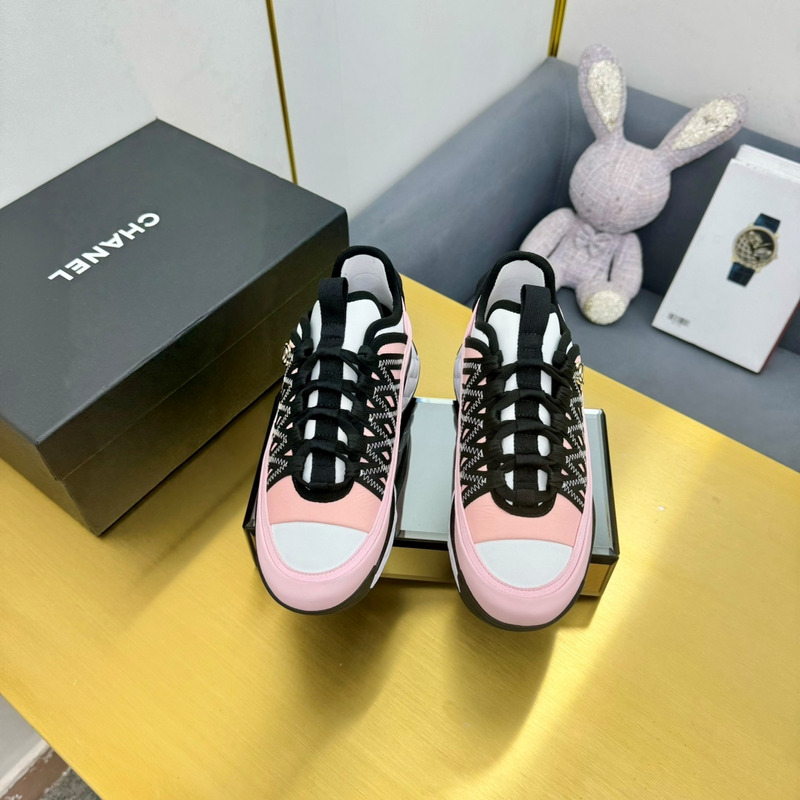 Ch*el sneakers silk cowhide & tarps pink&black&white