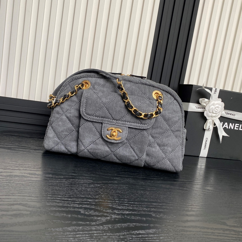 Ch*el large bowling bag denim & gold-tone metal grey