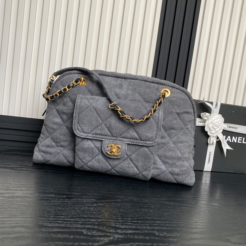 Ch*el maxi bowling bag denim & gold-tone metal grey