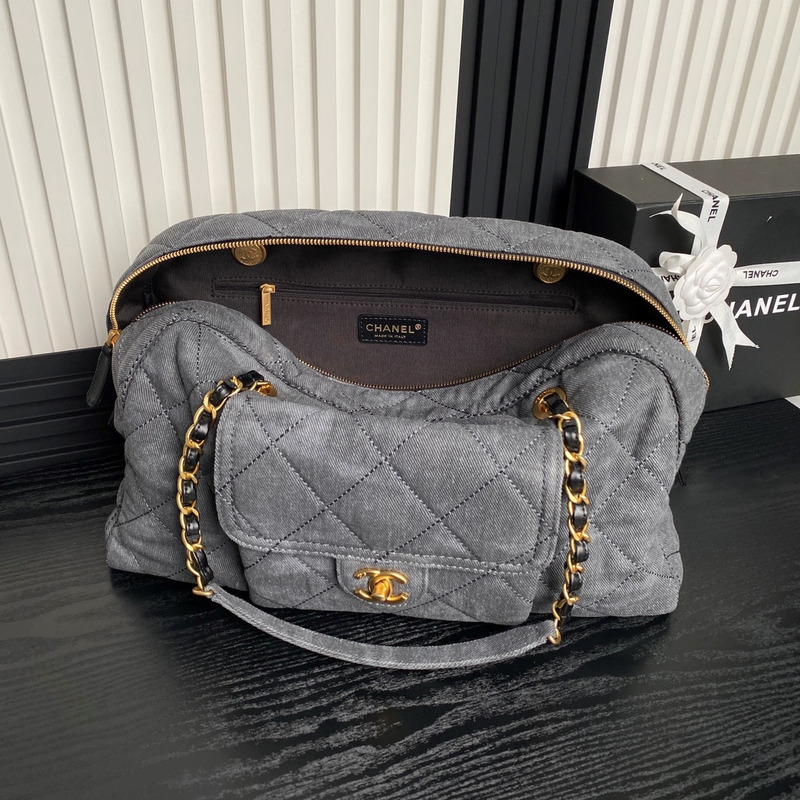 Ch*el maxi bowling bag denim & gold-tone metal grey