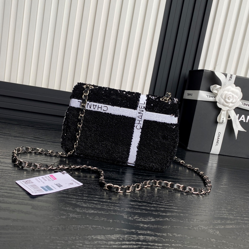 Ch*el bowknot flap bag sequins & silver-tone metal black & white