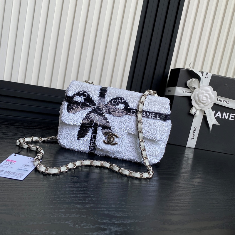 Ch*el bowknot flap bag sequins & silver-tone metal white & black