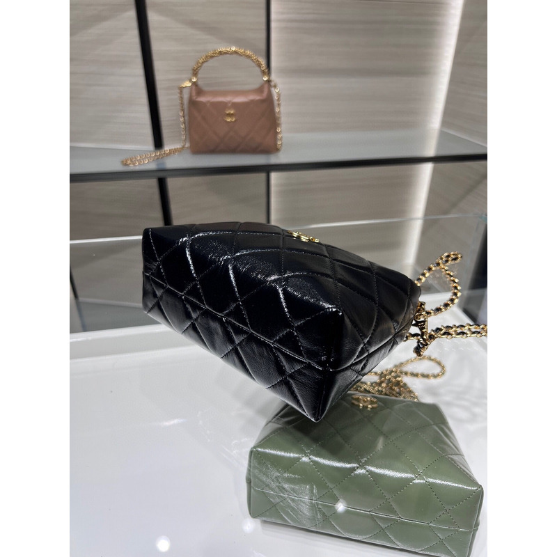 Ch*el clutch with chain shiny lambskin & gold-tone metal black