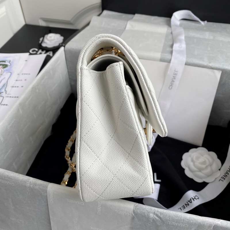 Ch*el medium caviar gold classic flap bag white