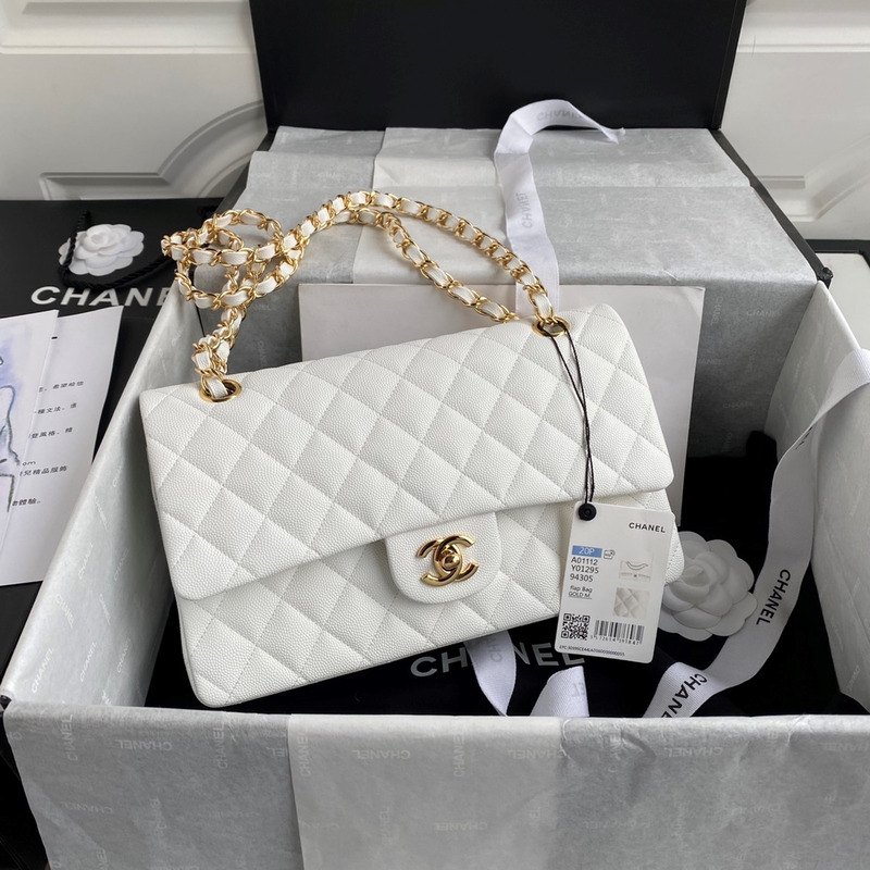 Ch*el medium caviar gold classic flap bag white