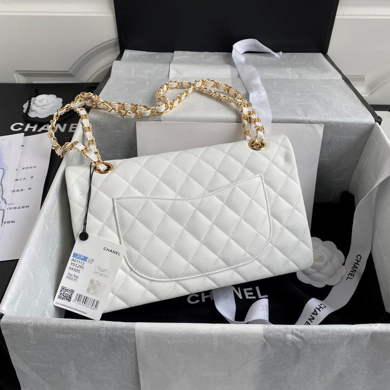 Ch*el medium caviar gold classic flap bag white