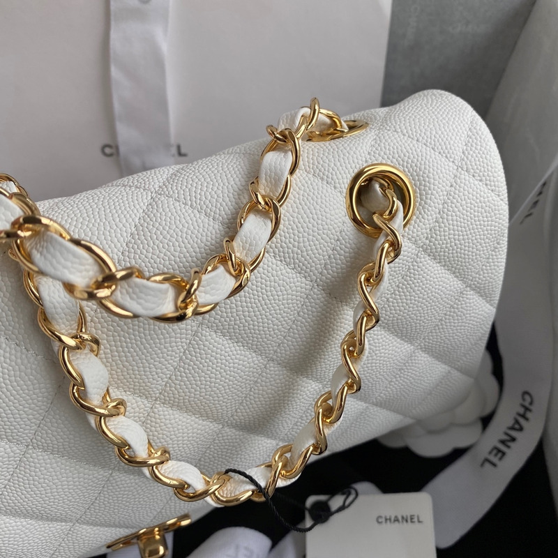 Ch*el medium caviar gold classic flap bag white