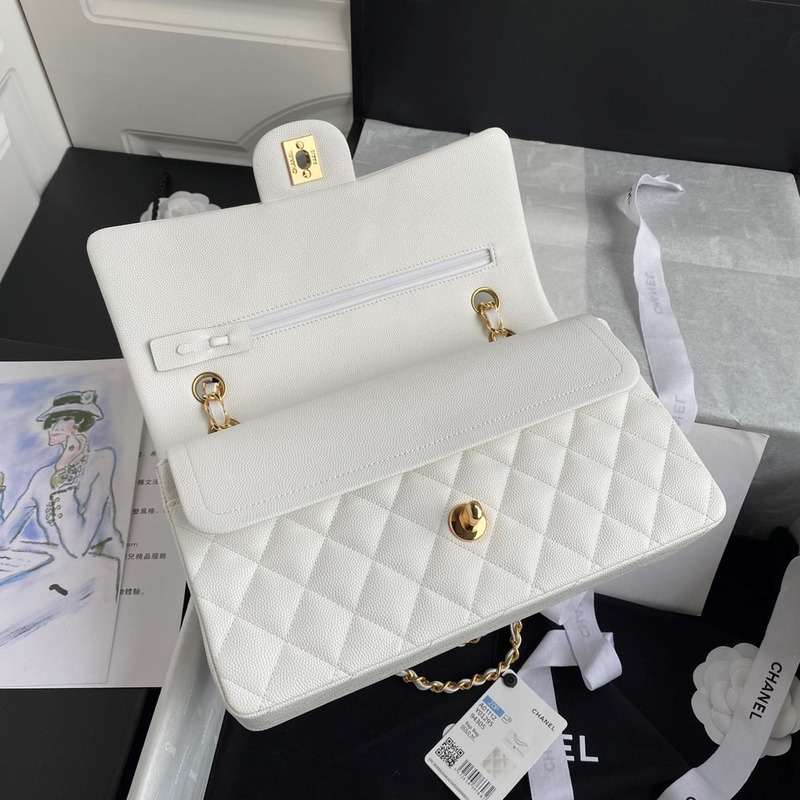 Ch*el medium caviar gold classic flap bag white