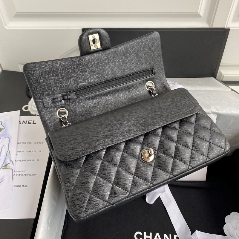 Ch*el medium caviar silver classic flap bag black