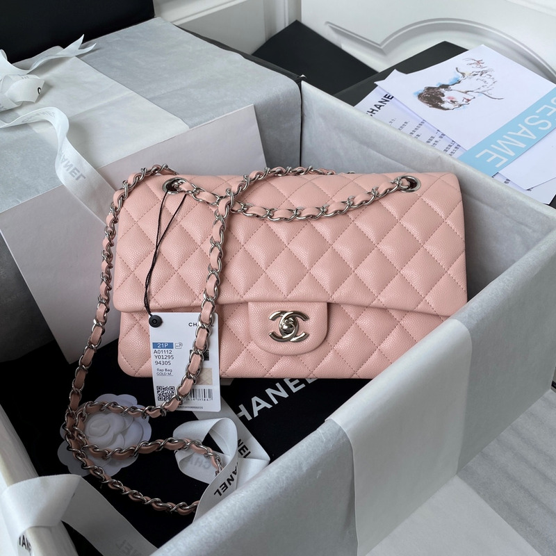 Ch*el medium caviar silver classic flap bag pink