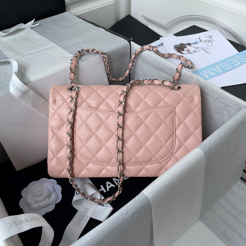 Ch*el medium caviar silver classic flap bag pink