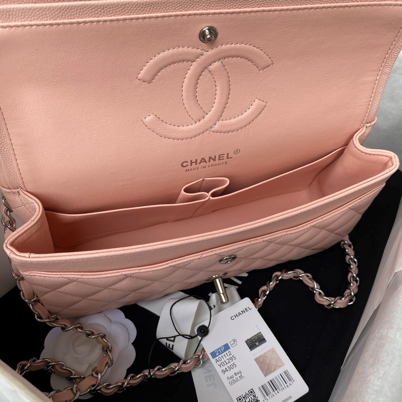 Ch*el medium caviar silver classic flap bag pink